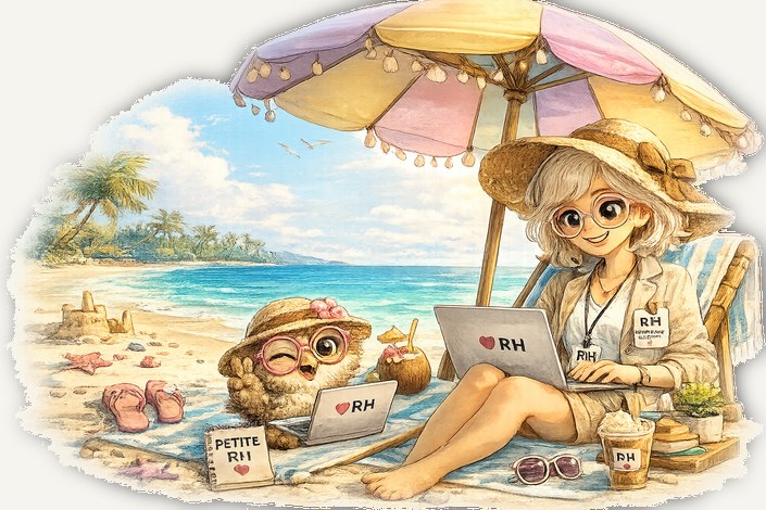 Gisèle et la Petite RH travaillent sur la plage, sous un parasol, ordinateurs portables sur les genoux